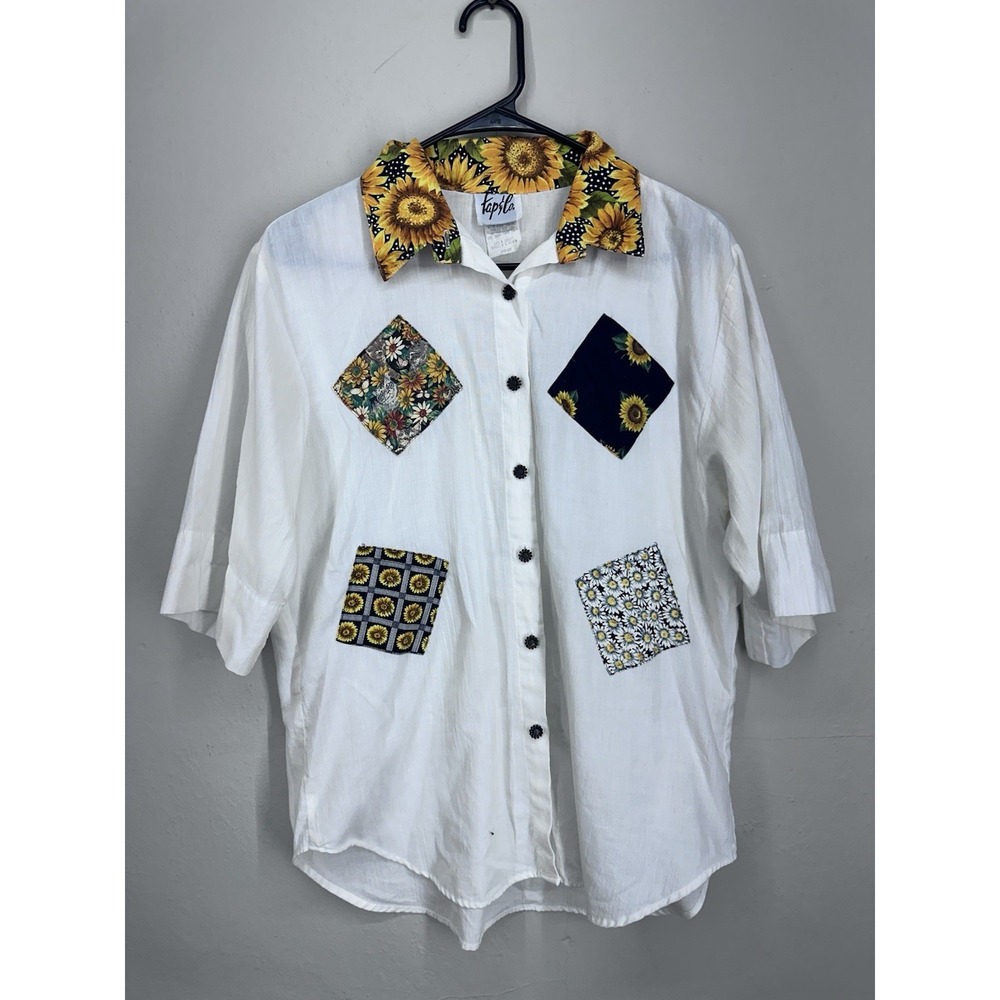 Vintage 80s Cotton Blend Sunflower Shirt Womens MEDIUM Patchwork Flower Garden